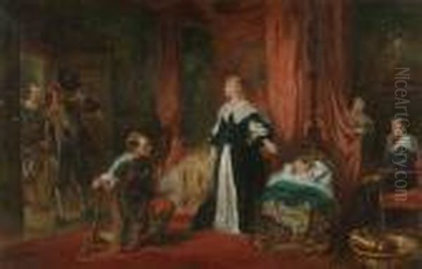 'news Of The King's Death - 
Brought To Queen Henrietta Maria In Paris. Princess Henrietta Is Asleep 
Whilst The New King Charles Ii Hides Behind The Curtain' Oil Painting by Robert Alexander Hillingford