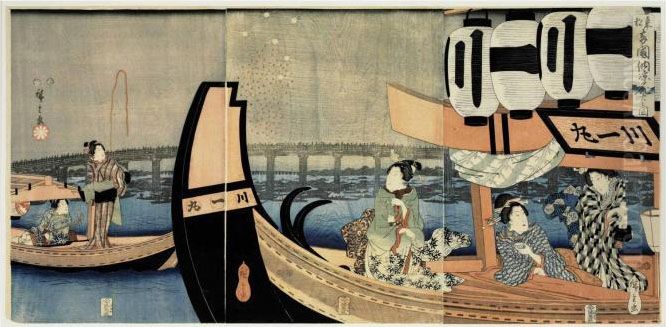 Toto Ryogokubashi Noryo Hanabi 
No Zu Woodcut Triptych Of Beauties In Pleasure Boats Enjoying The 
Summer Evening On The Sumida River Below Ryogoku Bridge In Edo, The Prow Oil Painting by Utagawa or Ando Hiroshige