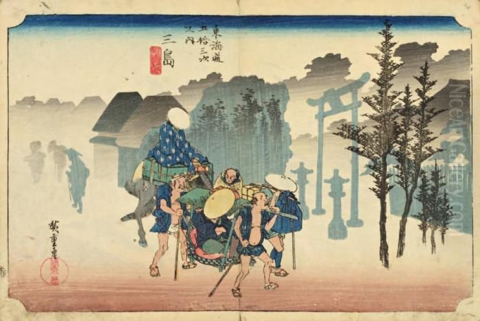 Album Contenant Cinquante-deuxestampes Oban Yoko-e De La Serie Tokaido Gojusan Tsugi Oil Painting by Utagawa or Ando Hiroshige