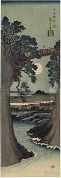 Koyo Saruhashi (the Monkey Bridge In Kai Province) 
Woodcut Vertical Diptych Of Travelers Crossing The Monkey Bridge Over A River In The Light Of The Full Moon Oil Painting by Utagawa or Ando Hiroshige
