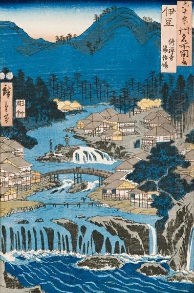 Vedute Celebri Delle Oltre 60 
Province Giapponesi, Provincia Di Izu, Sorgenti Presso Il Tempio Shuzen Oil Painting by Utagawa or Ando Hiroshige