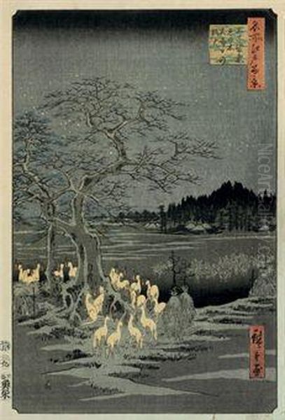 Oji Shozoku-enoki Omisoka No Kitsunebi Oil Painting by Utagawa or Ando Hiroshige