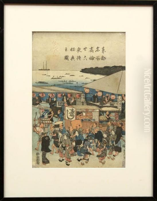 Two Sheets (center And Right) 
From The Triptyph Toto Meisho Takanawa Nijuroku-ya Machi Yukyo No Zu 
(feast In Waiting For The Moon At Takanawa Oil Painting by Utagawa or Ando Hiroshige