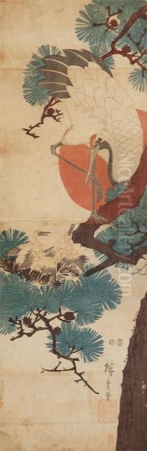 Een Kraanvogel Staande Op Een Tak Van Een Pijnboom Bij Een Nest Met
Drie Jongen Oil Painting by Utagawa or Ando Hiroshige