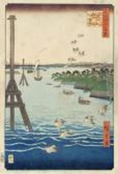 Oban Yoko-e De La Serie Meisho 
Edo Hyakkei, Les Cent Vues D'edo, Planche Shibaura No Fukei, La Vue De 
La Cote Shiba. Oil Painting by Utagawa or Ando Hiroshige