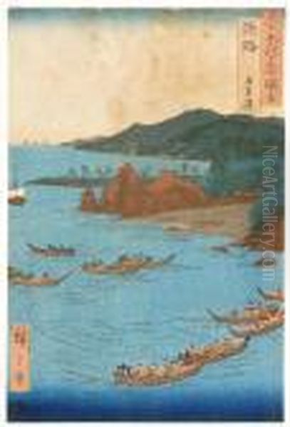 Five Color Beach Oil Painting by Utagawa or Ando Hiroshige