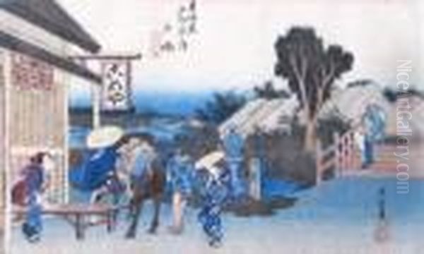 Depicting A Man Dismounting Form
 His Horse In Front Of An Open Tea-house, While A Waitress Stands By To 
Receive Him Oil Painting by Utagawa or Ando Hiroshige