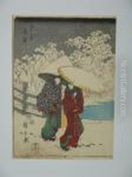 Estampe De Hiroshige, Serie Du 
Jimbutsu Tokaido, Station 7, Le Village De Fujisawa Sous La Neige. Vers 
1848. Oil Painting by Utagawa or Ando Hiroshige