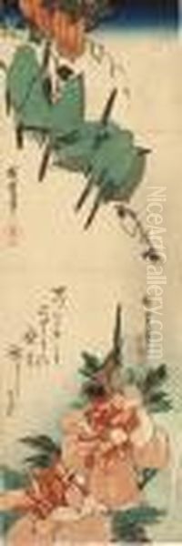 Seven Japanese White-eye Birds 
Perched On A Branch Of A Quince Tree, Above A Sparrow On A Sprig Of 
Camelia, Signed Oil Painting by Utagawa or Ando Hiroshige