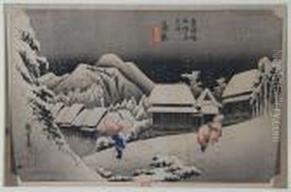 Kambara,yoru No Yuki Oil Painting by Utagawa or Ando Hiroshige