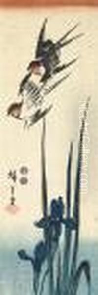 33 X 11,3 Cm. Zwei Schwalben 
Fliegen Uber Bluhenden Schwertlilien. Bez.: Hiroshige Hitsu. 
Rautenformiges Siegel. Zensur: Kinugasa Und Watanabe. Oil Painting by Utagawa or Ando Hiroshige