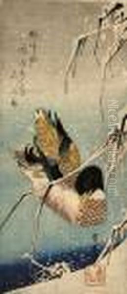 A Wild Duck Swimming Beneath 
Snow-laden Reeds, The Haiku Above Recalls Winter Kamo Naki Ya A Duck 
Calls Softly Kaze Fukishiwamua Oil Painting by Utagawa or Ando Hiroshige