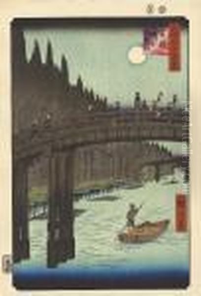 From The Series Meisho Edo 
Hyakkei [one Hundred Famous Views Of Edo], Kyobashi Takegashi [the 
Bamboo Market At The Kyobashi Bridge], Under A Full Moon Pilgrims 
Returning From Mount Oyama Pass Over The Bridge Against A Dramatic 
Background Of Soarin Oil Painting by Utagawa or Ando Hiroshige