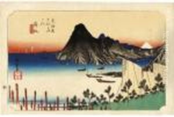 From The Series Tokaido Tsugi No
 Uchi Maisaka - Imaki Shinkei [maisaka - A True View Of Imagiri], 
Fishing Boats At Anchor In The Bay, Signed Hiroshige Ga Oil Painting by Utagawa or Ando Hiroshige