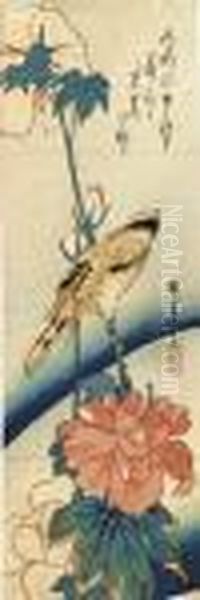 A Black-naped Oriole Perched On A
 Stem Of Hibiscus, The Haiku Reads Ariake No In The Moonlight At Dawn 
Nurete Ochitaru Oil Painting by Utagawa or Ando Hiroshige