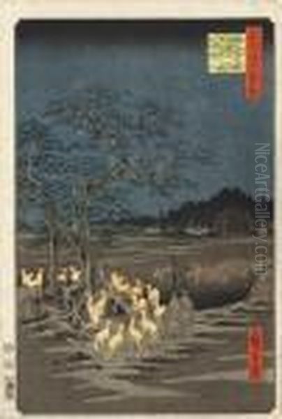 Oji Shozoku-enoki, Omisoka No 
Kitsunebi [new Year's Eve Foxfires At The Nettle Tree At Oji], From The 
Series Meisho Edo Hyakkei Oil Painting by Utagawa or Ando Hiroshige
