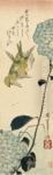 Two Sparrows Flying Over A 
Hydrangea, Signed Hiroshige Hitsu , Published By Kawasho (kawaguchi 
Shozo), Censor's Seal Kiwame Oil Painting by Utagawa or Ando Hiroshige