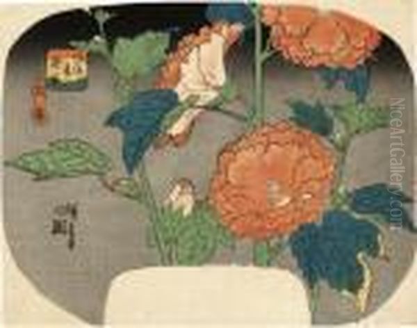 From The Series Furyu Natsu No 
Hanazono [elegant Summer Flower Gardens] Hana Aoi [hibiscus], An 
Uchiwa-e Oil Painting by Utagawa or Ando Hiroshige