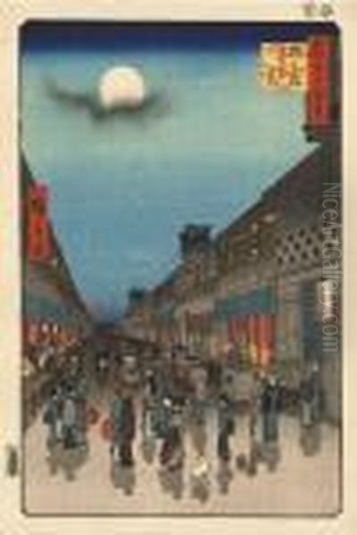 From The Series Meisho Edo 
Hyakkei [one Hundred Famous Views In Edo], Saruwakacho-machi Yoru No Kei Oil Painting by Utagawa or Ando Hiroshige