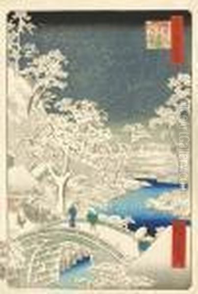 From The Series Meisho Edo 
Hyakkei [one Hundred Famous Views Of Edo], Meguro Taikobashi Yuhinooka Oil Painting by Utagawa or Ando Hiroshige