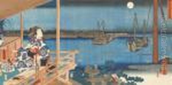 From The Series Furyu Genji 
Tsukuda [the Elegant Prince Genji], A Woman Who Has Been Writing In Her 
Diary Leans Against The Railing Of A Balcony And Looks Out Over The 
Moonlit Bay Of Edo And The Island Of Tsukuda, Signed Hiroshige Hitsu And
 Toyoku Oil Painting by Utagawa or Ando Hiroshige