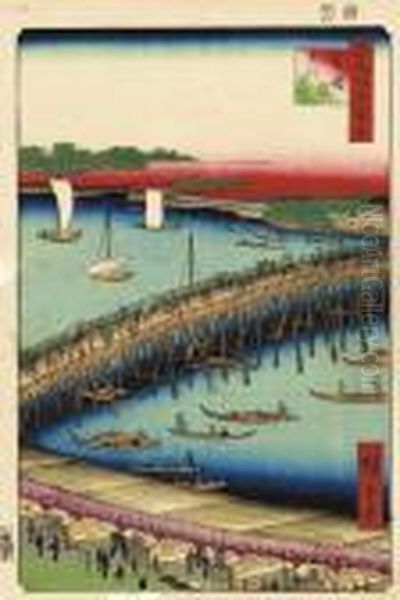 The Ryogoku Bridge, From The 
Series Meisho Edo Hyakkei [one Hundred Famous Views Of Edo, Signed 
Hiroshige Ge, Published By Uoya Eikichi, Censor's Seal Aratame, Very 
Good Impression And Colours, Wormholes In Margins Oil Painting by Utagawa or Ando Hiroshige