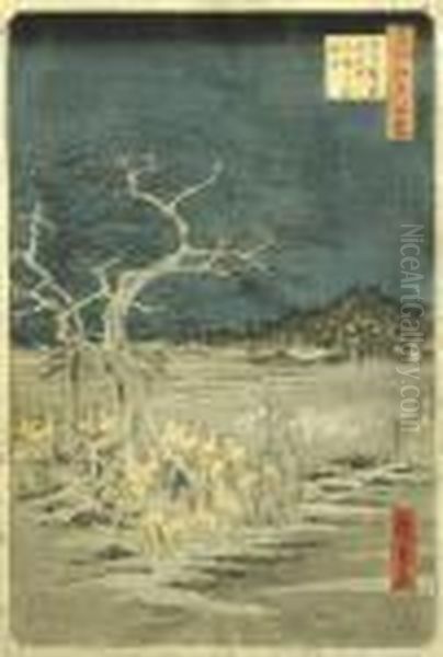 Gathering Of Foxes On The 
Evening Before The New Year In Odji, Edo,by Shrine Of Inari, 1857. 
Colored, Wood Carving, Nisikie, Obanform, 355x230 Mm, Framed, Glassed. 
Print Of Set Meisho Edo Hjakkei(100 Looks At Edo). Oil Painting by Utagawa or Ando Hiroshige