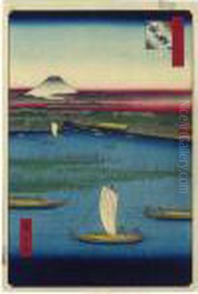 ````mitsumata Wakare No Fuchi' 
(deep Water At The Division Into Three Forks) From The Series 'edo 
Meisho Hyakkei' (one Hundred Famous Views Of Edo) Oil Painting by Utagawa or Ando Hiroshige