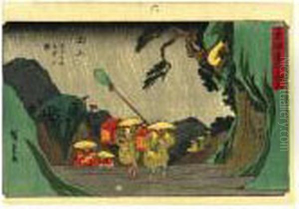 ````````tsuchiyama', 
````````nihonbashi', ````````ishiyakushi', ````````akasaka', 
````````arai', ````````ejiri' And ````````kanaya' From The Series 
````````tokaido Gojusan Tsugi' Oil Painting by Utagawa or Ando Hiroshige