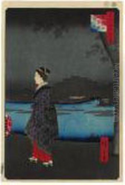 ````matsuchiyama Sanya-bori 
Yakei' (night View Of The Sanya Canal And Matsuchi Hill) From The Series
 'edo Meisho Hyakkei' (one Hundred Famous Views Of Edo) Oil Painting by Utagawa or Ando Hiroshige