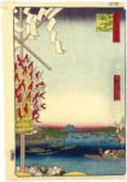 5 Prints From The Series ````edo
 Meisho Hyakkei' (one Hundred Famous Views Of Edo) And One Yakusha-e Oil Painting by Utagawa or Ando Hiroshige