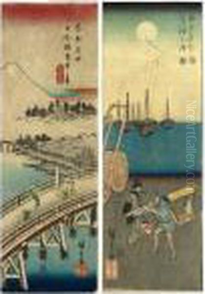 ````takanawa No Tsuki' (moon In 
Takanawa) From The Series ````edo Meisho' (famous Places In Edo) And 
````nihonbashi Secchu No Kei' (nihonbashi In Snow) From The Series 
````toto Meisho' Oil Painting by Utagawa or Ando Hiroshige