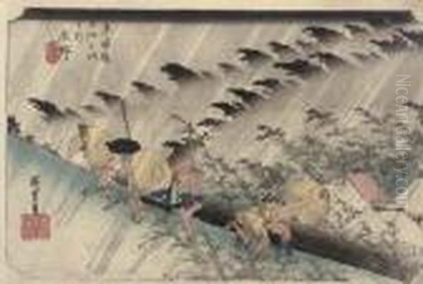 Driving Rain At Shono Oil Painting by Utagawa or Ando Hiroshige