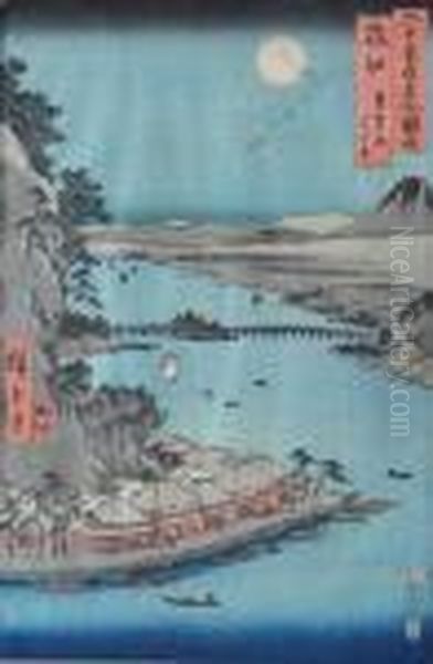 Ishiyama Temple And Lake Biwa In
 Omi Province And Festival At The Itsukushima Shrine In Aki Province (on
 Verso) Oil Painting by Utagawa or Ando Hiroshige