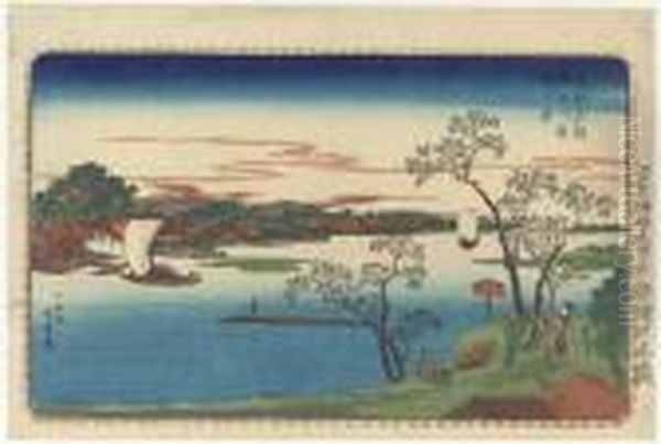 Sumidagawa Hazakura No Kei 
(cherry Trees In Leaf On The Sumidariver), From The Series Toto Meisho 
(famous Places Of The Easterncapital) Oil Painting by Utagawa or Ando Hiroshige