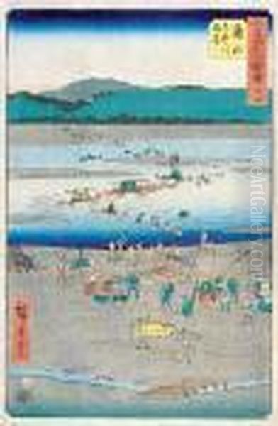 Przeprawa Przez Rzeke Oi W 
Shimadaz Serii Obrazy Slynnych Miejsc Na Piecdziesieciu Trzech Stacjach 
(goscinca Tokaido); Tzw. Pionowe Tokaido Oil Painting by Utagawa or Ando Hiroshige