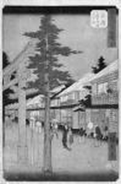 Gojusan Tsugi Meisho Zue Oil Painting by Utagawa or Ando Hiroshige