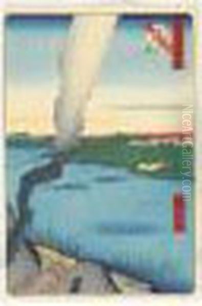 Sumidagawa Hashiba No Watashi 
Kawara Kamado. Four De Potier Et Bac De Hashiba Sur La Riviere Sumida Oil Painting by Utagawa or Ando Hiroshige