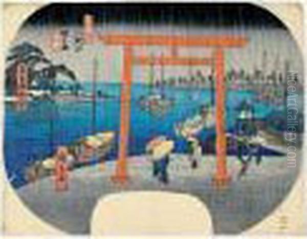 Tokaido Bishu Atsuta Kaihin No 
Zu. Yau. Pluie Sur La Plage D'atsuta (province D'owari) Sur La Route Du 
Tokaido Oil Painting by Utagawa or Ando Hiroshige