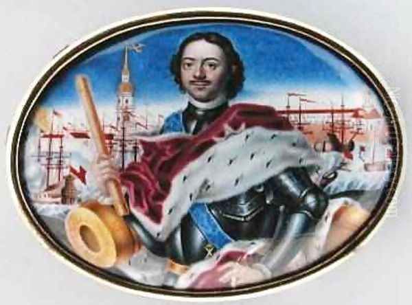 Portrait of Peter I 1672-1725 against the St Peter and St Paul Fortress and Trinity Square in St Petersburg 1723 Oil Painting by Grigory Semyonovich Musikiysky