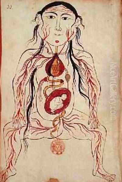 Ms Persan 151 Fol32 Anatomical diagram of a woman and her foetus Oil Painting by b. Eliyas Chirazi Mansour