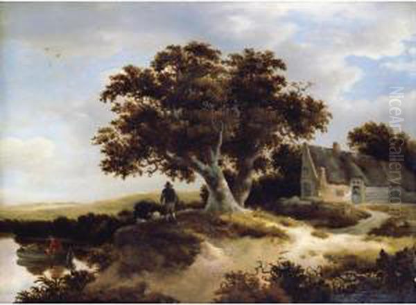 A Dune Landscape With A Drover 
And His Sheep Beneath A Pondside Oak, A Cottage To The Right Oil Painting by Meindert Hobbema