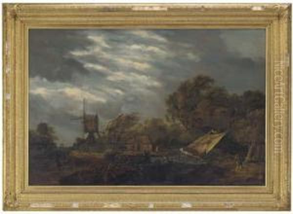 A River Landscape With A Boat In
 Stormy Waters With A Windmill, Fishermen And Figures On A Wooded Track Oil Painting by Meindert Hobbema