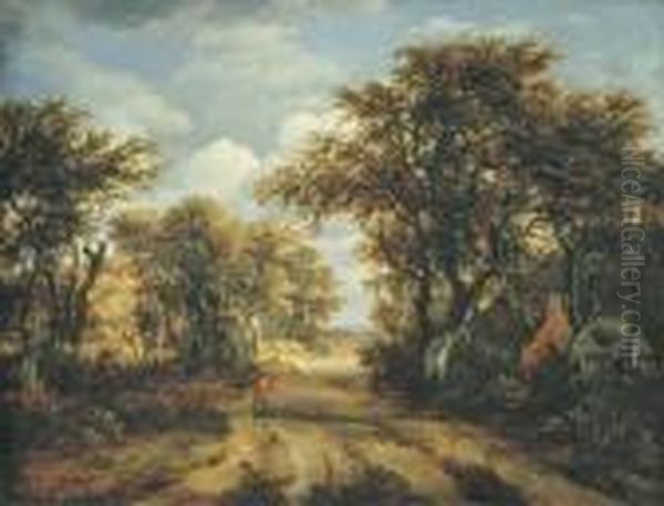 A Wooded Landscape With A Hunter And Other Figures On A Path Oil Painting by Meindert Hobbema