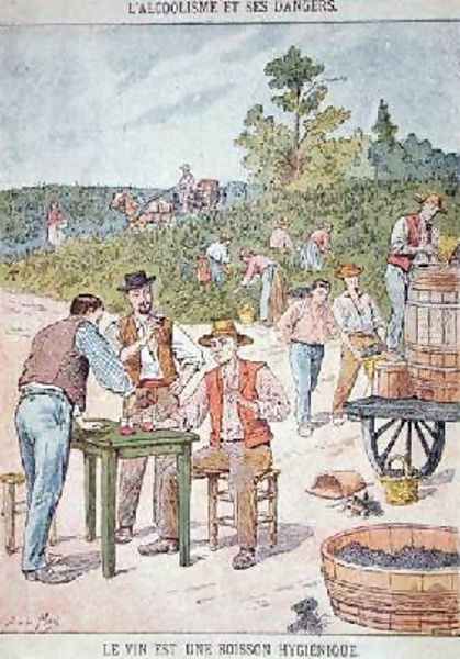 Wine is a Hygienic Drink peasants drinking after the vendange illustration from a childrens book on the dangers of alcoholism Oil Painting by Emile May