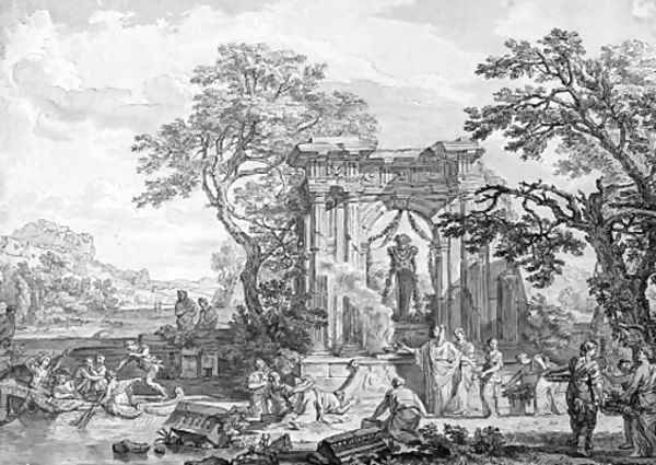 A classical landscape with a sacrifice offered to Pan in the ruins of a temple Oil Painting by Isaac de Moucheron