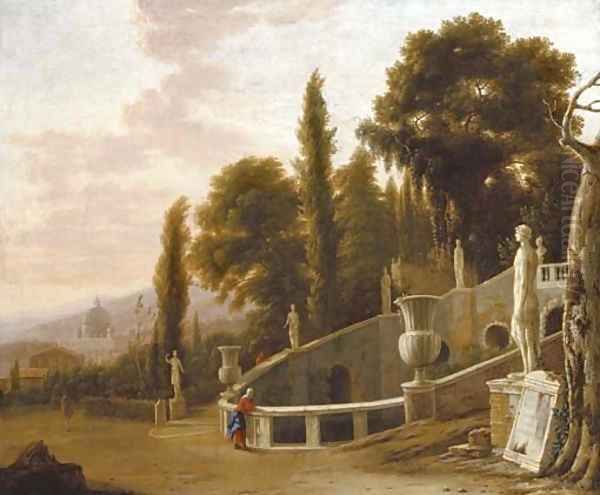 Figures by a fountain with a view of Saint Peter's beyond Oil Painting by Isaac de Moucheron