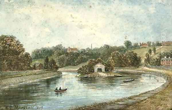 A hidden island, an eight rowing gently beside Oil Painting by William Elsob Marshall