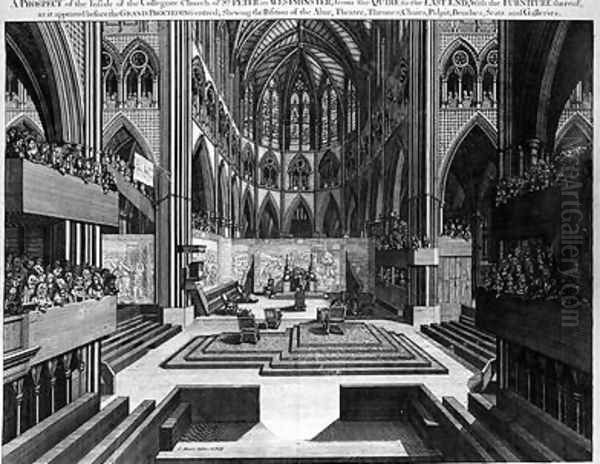 A Prospect of the Inside of the Collegiate Church of St Peter in Westminster Westminster Abbey before the Coronation of James II 1633-1701 1688 Oil Painting by Samuel Moore