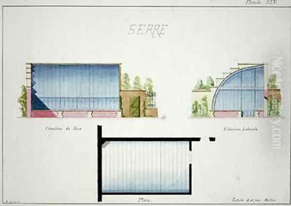 Design for a hothouse with curved glass walls and roof Oil Painting by H. Monnot